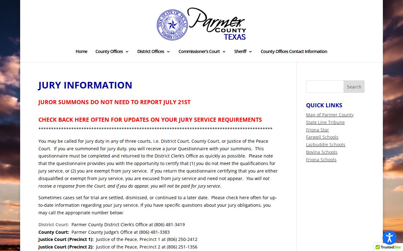 Parmer County court calendar jury status and phone information