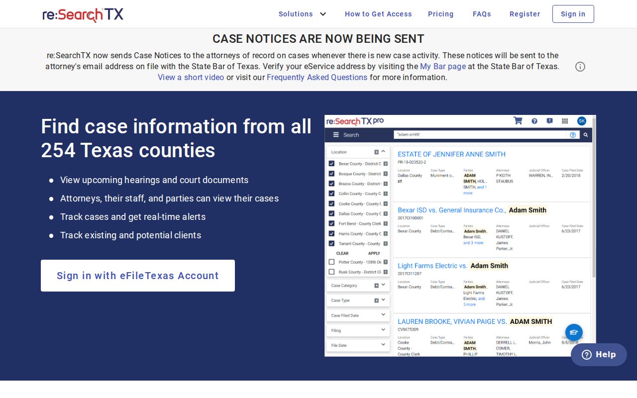 re:SearchTX statewide court record search landing page used for Parmer County criminal docket searches
