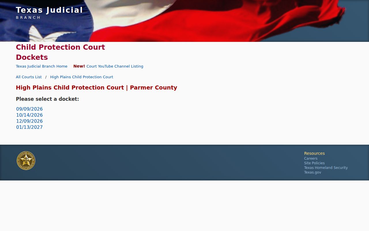 Parmer County court calendar date selector for child-protection settings