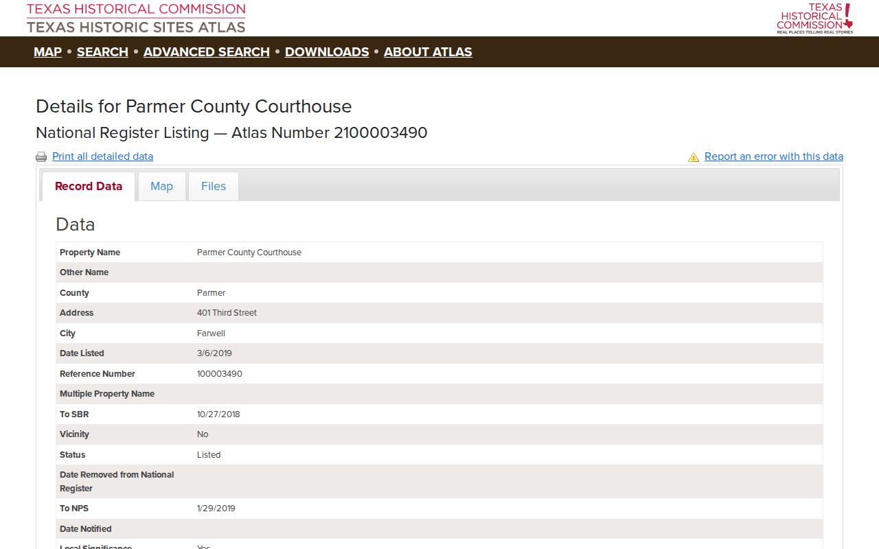 Texas Historical Commission record for the Parmer County Courthouse in Farwell