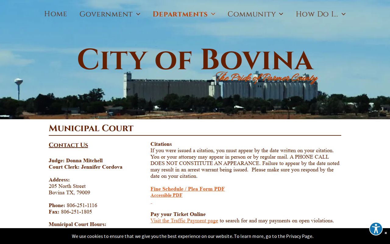 Bovina court docket information on the official municipal court page